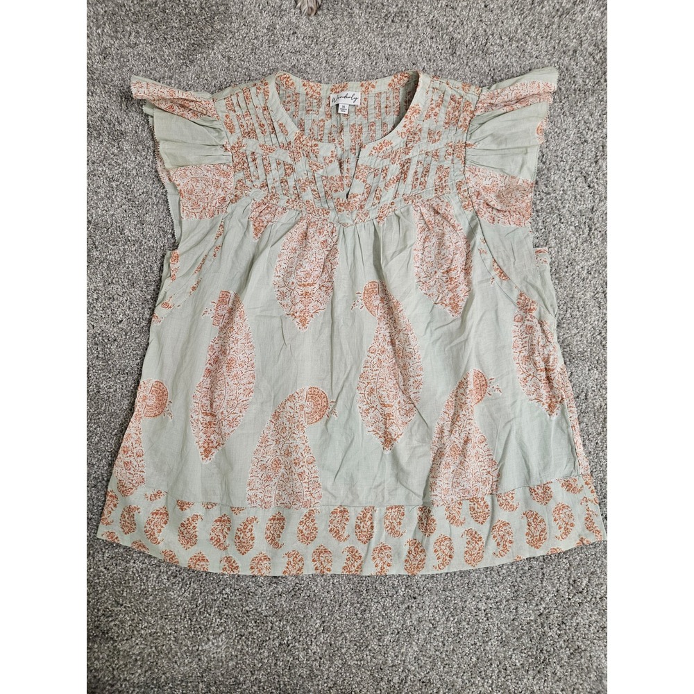 Wonderly Womens XL Sage Green Orange Paisley Pintuck Flutter Sleeve Cotton Top